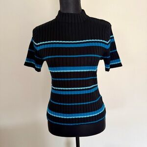 Kasper & Company ASL Striped Black and Blue Ribbed Women's Top